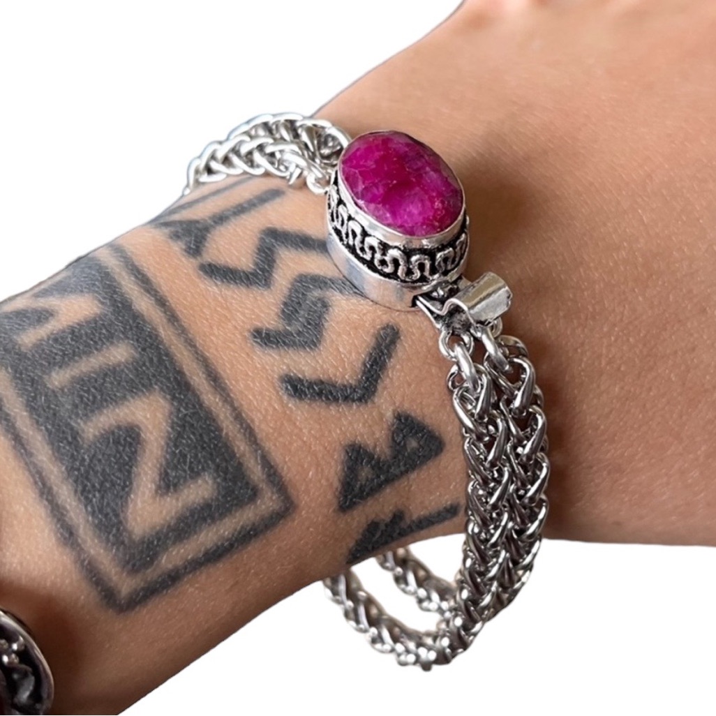 Genuine Pink Indian Ruby Gemstone Stainless Steel Double Chain Boho Bracelet